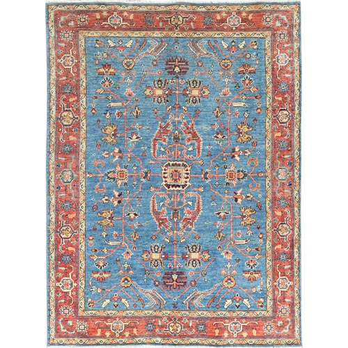 Light Blue, Hand Knotted Afghan Peshawar with All Over Serapi Heriz Design, Natural Dyes Densely Woven, Pure Wool, Oriental Rug