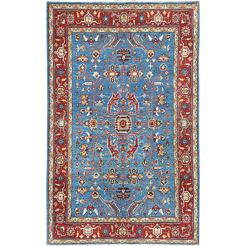 Air Force Blue, Afghan Peshawar with All Over Heriz Design Natural Dyes, Extra Soft Wool Hand Knotted, Oriental Rug