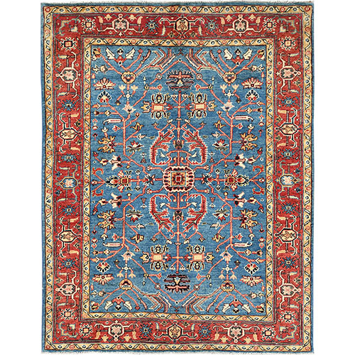Cerulean Blue, Afghan Peshawar with All Over Heriz Design, Natural Dyes, Hand Knotted, Pure Wool Oriental Rug