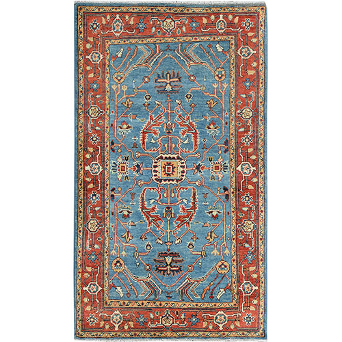Cerulean Blue, Natural Dyes, Afghan Peshawar with All Over Heriz Design, Hand Knotted, Pure Wool Oriental Rug