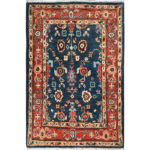 Yale Blue, Afghan Peshawar with All Over Heriz Design, Natural Dyes, Pure Wool, Hand Knotted, Mat, Oriental Rug