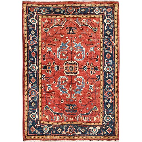 Imperial Red, Pure Wool Hand Knotted, Afghan Peshawar with All Over Heriz Design Natural Dyes, Mat Oriental Rug