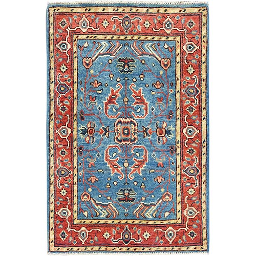 Ruddy Blue, Afghan Peshawar with All Over Heriz Design, Natural Dyes, Natural Wool, Hand Knotted, Mat Oriental Rug