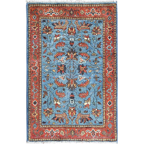 Carolina Blue, Afghan Peshawar with All Over Heriz Design, Natural Dyes, Pure Wool, Hand Knotted, Mat, Oriental Rug