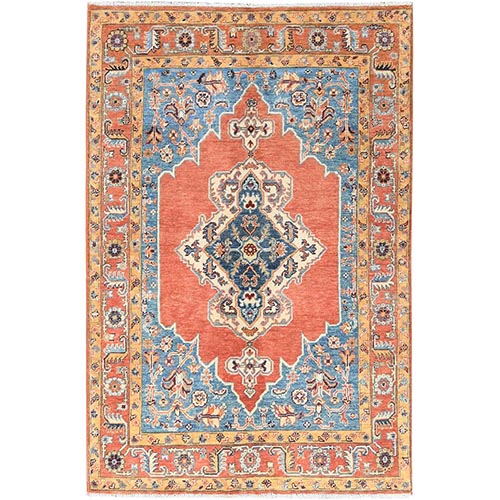 Terracotta Red, Afghan Peshawar with Large Medallion Heriz Design, Natural Dyes, Pure Wool, Hand Knotted, Oriental Rug