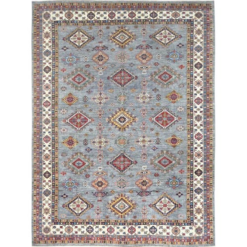 Blueish Gray, Soft Wool Hand Knotted, Afghan Super Kazak with Geometric Medallions, Vegetable Dyes Dense Weave, Oversized Oriental Rug