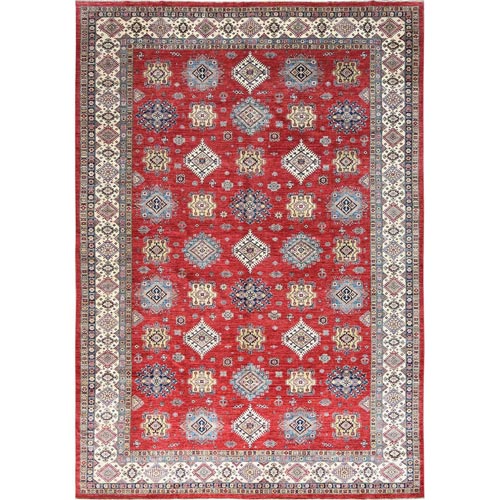 Rich Red, Densely Woven Extra Soft Wool, Hand Knotted Afghan Super Kazak with Tribal Medallions, Natural Dyes, Oversized Oriental 