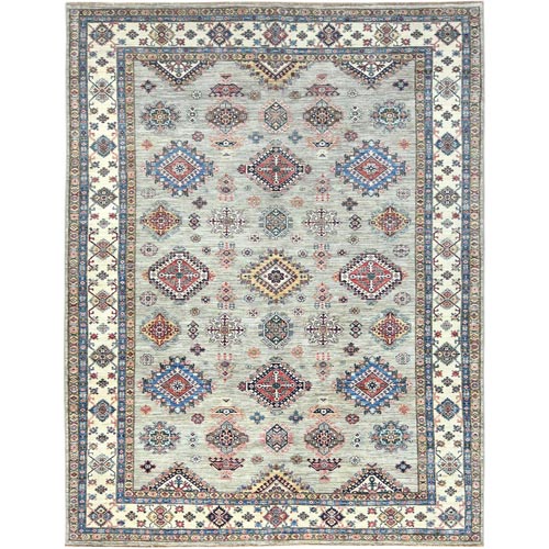 Light Gray, Hand Knotted Afghan Super Kazak with Tribal Medallions, Natural Dyes Densely Woven, Pure Wool, Oriental Rug