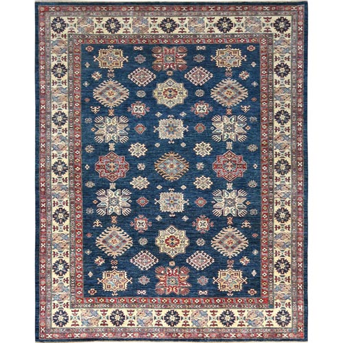 Navy Blue, Densely Woven Extra Soft Wool, Hand Knotted Afghan Super Kazak with Tribal Medallions Natural Dyes, Oriental Rug