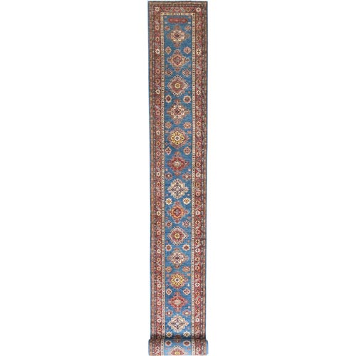 Denim Blue, Afghan Super Kazak with Large Medallions, Vegetable Dyes Dense Weave, Natural Wool Hand Knotted, XL Runner Oriental Rug