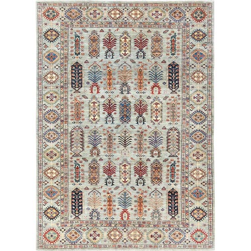 Light Gray, Densely Woven Organic Wool, Hand Knotted Afghan Super Kazak with Large Elements, Natural Dyes, Oriental 