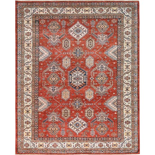 Rust Red, Hand Knotted Afghan Super Kazak with Large Medallion, Vegetable Dyes Dense Weave, Organic Wool, Oriental Rug