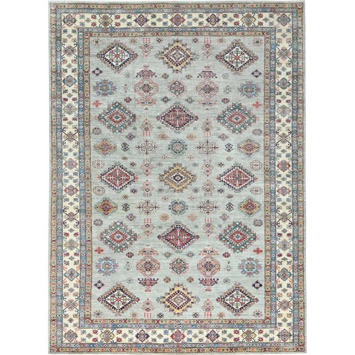 Silver Blue, Natural Dyes Densely Woven, Soft Wool Hand Knotted, Afghan Super Kazak with Geometric Medallions, Oriental Rug