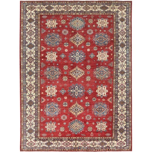 Rich Red, Afghan Super Kazak with Geometric Medallions, Vegetable Dyes Dense Weave, Extra Soft Wool Hand Knotted, Oriental Rug
