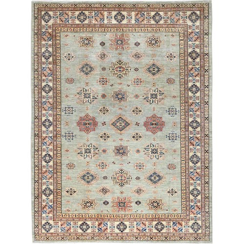 Light Gray, Hand Knotted Afghan Super Kazak with Tribal Medallions, Natural Dyes Densely Woven, Organic Wool, Oriental Rug