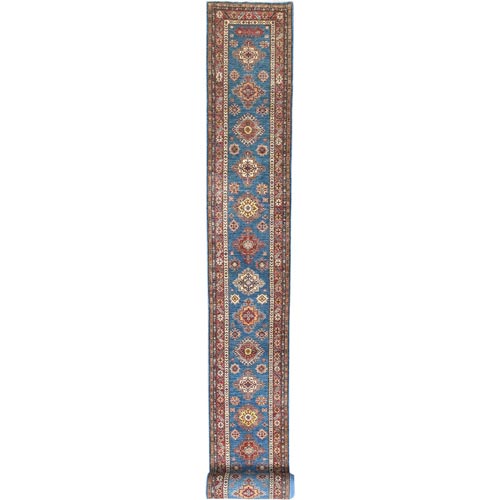 Denim Blue, Natural Wool Hand Knotted, Afghan Super Kazak with Large Medallions Design, Natural Dyes Densely Woven, XL Runner Oriental Rug