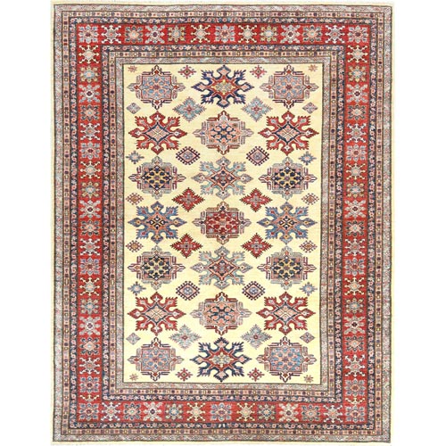 Ivory, Dense Weave Organic Wool, Hand Knotted Afghan Super Kazak with Serrated Medallions, Vegetable Dyes, Oriental Rug