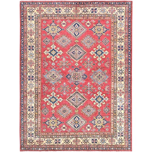 Coral Red, Natural Dyes Densely Woven, Natural Wool Hand Knotted, Afghan Super Kazak with Geometric Medallions, Oriental Rug