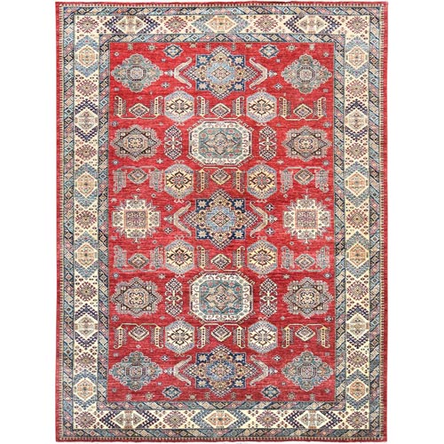 Rich Red, Hand Knotted Afghan Super Kazak with Geometric Medallions, Natural Dyes Densely Woven, Soft Wool, Oriental Rug