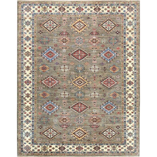 Taupe, Vegetable Dyes Dense Weave, Natural Wool Hand Knotted, Afghan Super Kazak with Geometric Medallions, Oriental Rug