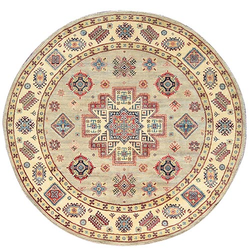 Pale Goldenrod, Special Kazak with Large Medallion Natural Dyes, 100% Wool Hand Knotted, Round Oriental Rug