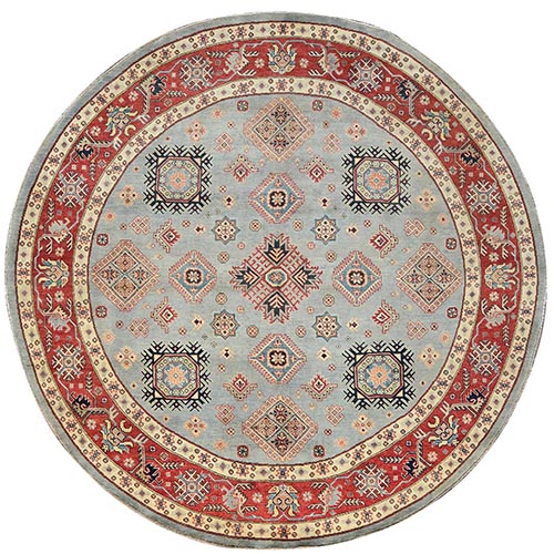 Gainsboro Gray, Special Kazak with All Over Medallions Natural Dyes, Pure Wool Hand Knotted, Round Oriental Rug