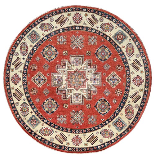 Crimson Red, Special Kazak with All Over Medallions Natural Dyes, Soft Wool Hand Knotted, Round Oriental 