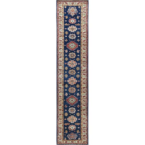 Prussian Blue, Afghan Super Kazak with Large Medallions, Natural Dyes, Soft Wool, Hand Knotted, Runner Oriental 