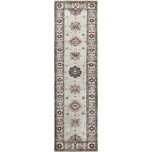 Ash Gray, Natural Wool Hand Knotted, Afghan Super Kazak with Geometric Medallions, Natural Dyes Densely Woven, Runner Oriental 
