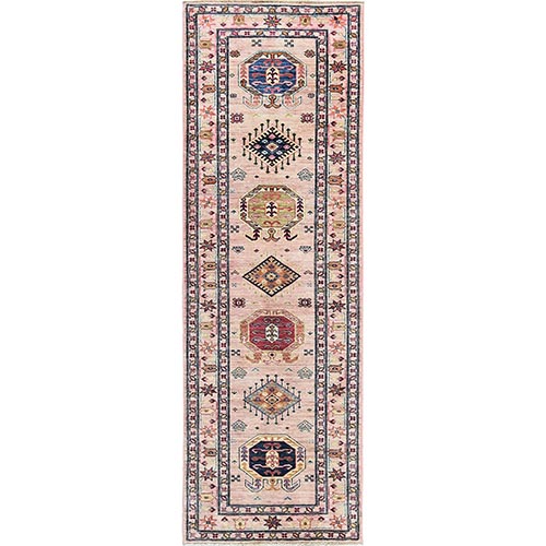 Pastel Pink, Hand Knotted Afghan Super Kazak with Geometric Medallions, Natural Dyes Densely Woven, Soft Wool, Runner Oriental 