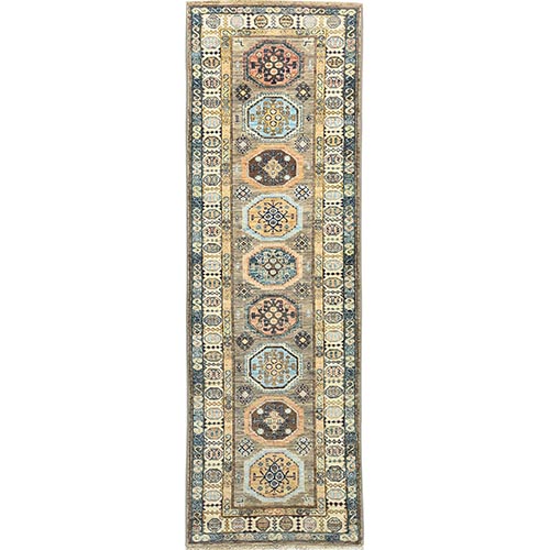 Brownish Gray, Afghan Super Kazak with Large Medallions Natural Dyes, Natural Wool Hand Knotted, Runner Oriental Rug
