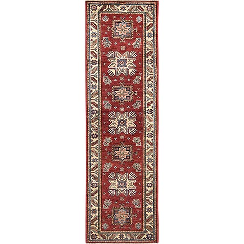 Crimson Red, Afghan Super Kazak with large Medallions Natural Dyes, Soft Wool Hand Knotted, Runner Oriental Rug