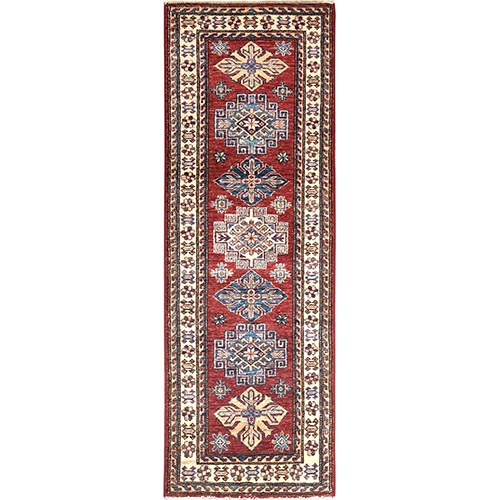 Crimson Red, Afghan Super Kazak with Geometric Medallions Natural Dyes, Extra Soft Wool Hand Knotted, Runner Oriental Rug