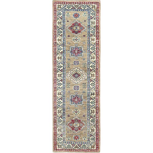 Taupe Brown, Afghan Super Kazak with Geometric Medallions Natural Dyes, Natural Wool Hand Knotted, Runner Oriental Rug