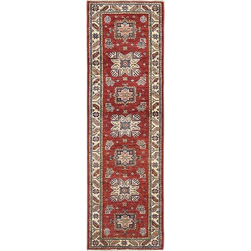 Barn Red, Afghan Super Kazak with Geometric Medallions Natural Dyes, Soft Wool Hand Knotted, Runner Oriental Rug