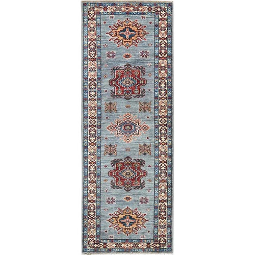 Powder Blue, Afghan Super Kazak with Geometric Medallions Natural Dyes, Extra Soft Wool Hand Knotted, Runner Oriental Rug