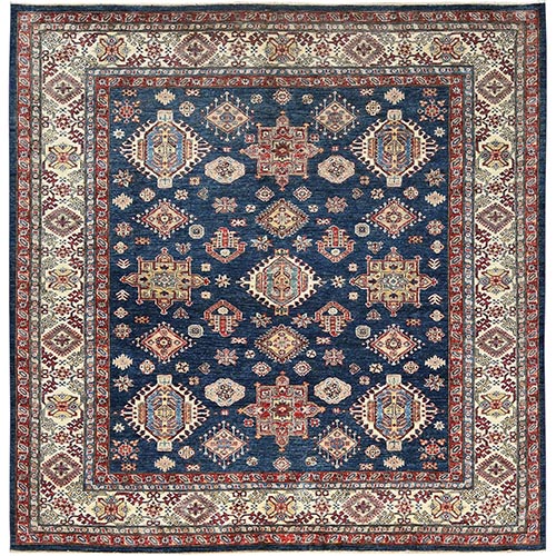 Yale Blue, Afghan Super Kazak with Large Medallions, Natural Dyes, Dense Weave, Organic Wool, Hand Knotted, Square Oriental 