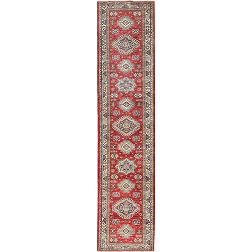 Fire Brick, Afghan Super Kazak With Geometric Medallions, Natural Dyes, Densely Woven, Natural Wool, Hand Knotted, Runner Oriental Rug