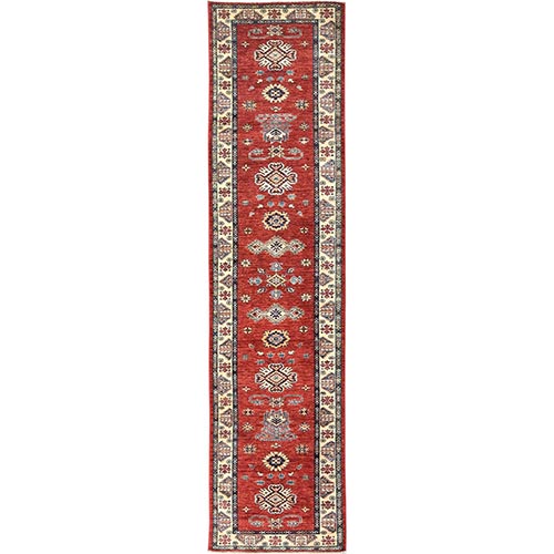 Fire Brick, Afghan Super Kazak With Geometric Medallions, Natural Dyes, Dense Weave, Organic Wool, Hand Knotted, Runner Oriental Rug