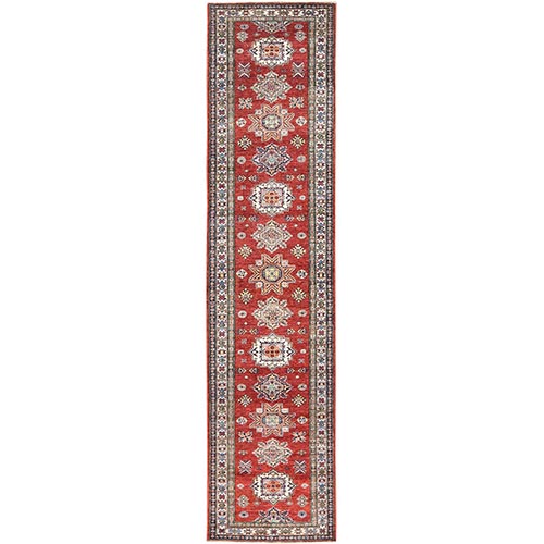 Fire Brick, Afghan Super Kazak With Geometric Medallions, Natural Dyes, Densely Woven, 100% Wool, Hand Knotted, Runner Oriental Rug