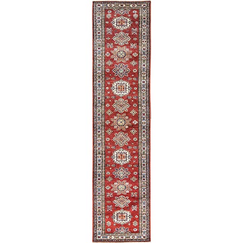 Fire Brick, Afghan Super Kazak With Geometric Medallions, Natural Dyes, Dense Weave, Pure Wool, Hand Knotted, Runner Oriental Rug