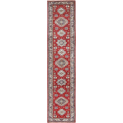 Fire Brick, Afghan Super Kazak With Geometric Medallions, Natural Dyes, Densely Woven, Soft Wool, Hand Knotted, Runner Oriental 