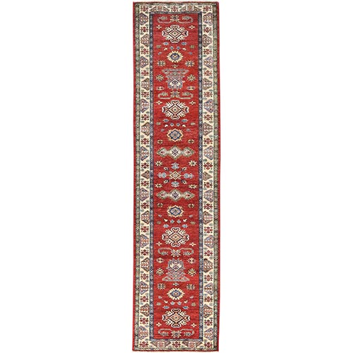 Fire Brick, Afghan Super Kazak With Geometric Medallions Natural Dyes, Dense Weave, Extra Soft Wool, Hand Knotted, Runner Oriental 