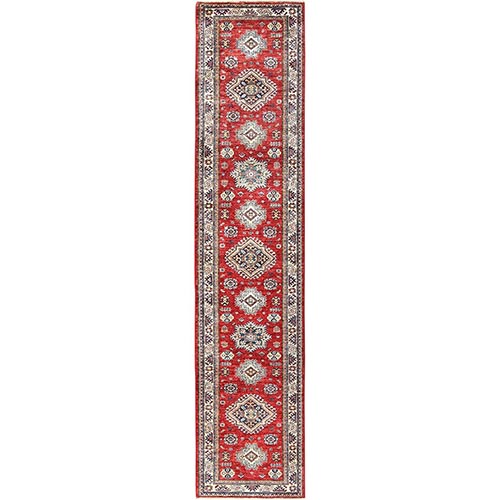 Fire Brick, Afghan Super Kazak With Geometric Medallions, Natural Dyes, Densely Woven, Natural Wool, Hand Knotted, Runner Oriental Rug
