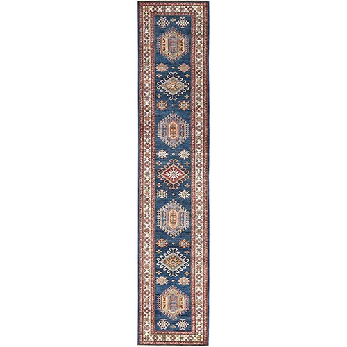 Azure Blue, Soft Wool Hand Knotted, Afghan Super Kazak with Geometric Medallions Design, Natural Dyes, Runner Oriental 