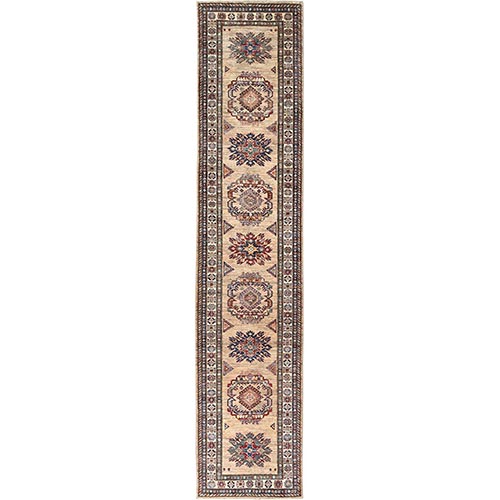 Tortilla Brown, Hand Knotted Afghan Super Kazak with Geometric Medallions Design, Natural Dyes Dense Weave, Extra Soft Wool, Runner Oriental 