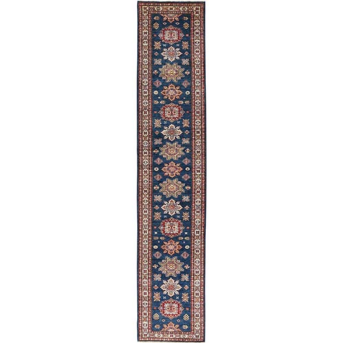 Navy Blue, Afghan Super Kazak with Geometric Medallions Design, Natural Dyes, Densely Woven, Natural Wool, Hand Knotted, Runner Oriental 