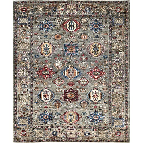 Cloud Gray, Afghan Super Kazak with All Over Medallions Natural Dyes, Soft Wool Hand Knotted, Oriental Rug