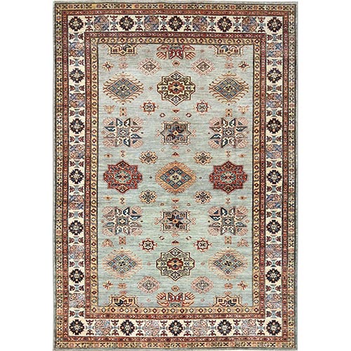 Ivory, Afghan Super Kazak with Geometric Medallions Design, Natural Dyes, Densely Woven, Natural Wool, Hand Knotted Oriental Rug
