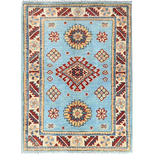 Powder Blue, Special Kazak with All Over Pattern Natural Dyes, Organic Wool Hand Knotted, Mat Oriental Rug